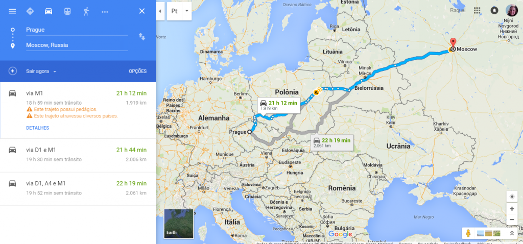 Mapa retirado do Google que mostra a distância entre Praga a Moscou