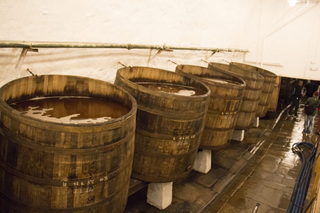 barris de madeira onde a cerveja está sendo preparada