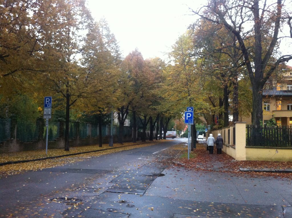 Ruas de Praga no outono com muitas folhas nas calçadas