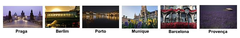 Miniatura de fotos das cidades de Praga, Porto, Munique, Barcelona, Provence e Berlim