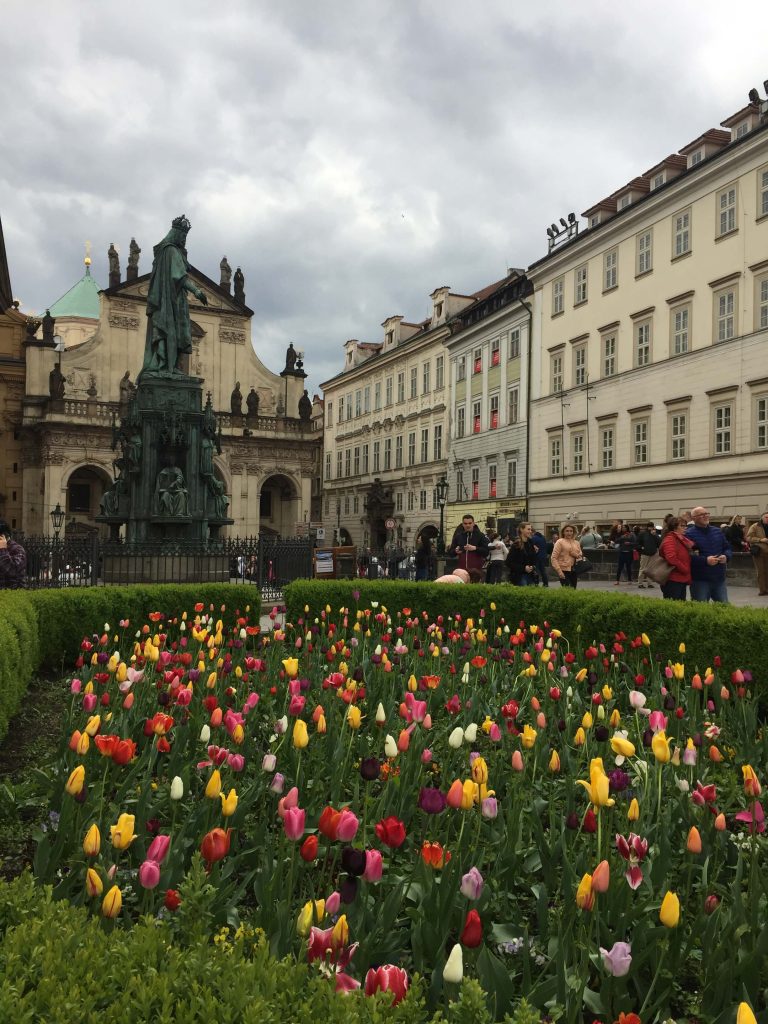 Jardim de tulipas coloridas na frente da estátua do Rei Carlos IV na entrada para a Ponte Carlos em Praga