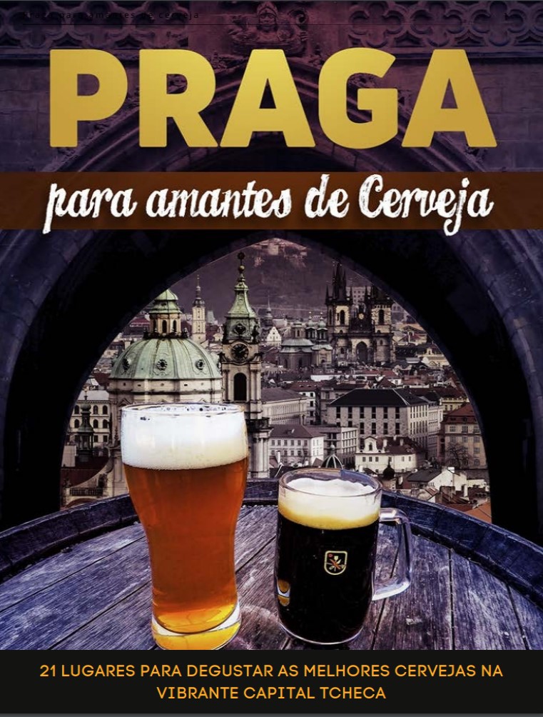 Dois copos de cervejas, uma cerveja clara e outra escura, em cima de um barril de madeira, ao fundo o cenário da cidade de Praga.