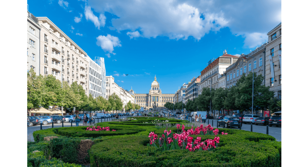 Jardim com flores em cores cor de rosa vibrante na avenida central de São Wenceslau em Praga